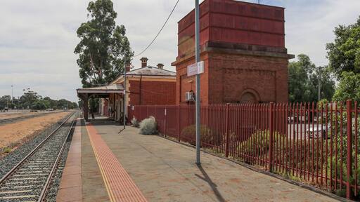 ELMORE, AUSTRALIA - February 29, 2020: The Elmore railway station and water tower (1870) were constructed for the Victorian Railways on the Melbourne-Echuca line