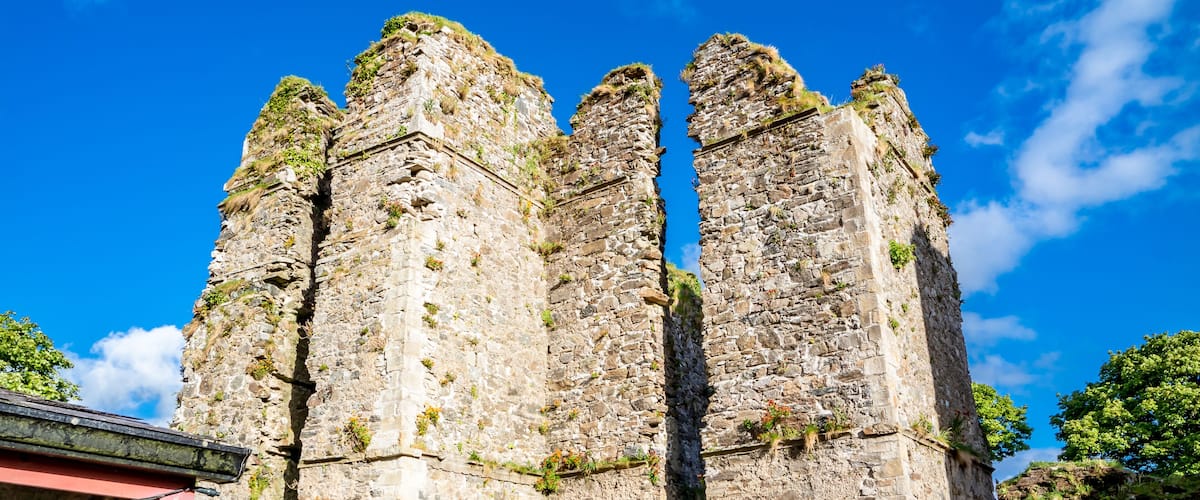 A historic stone tower with moss and vegetation growing on it.