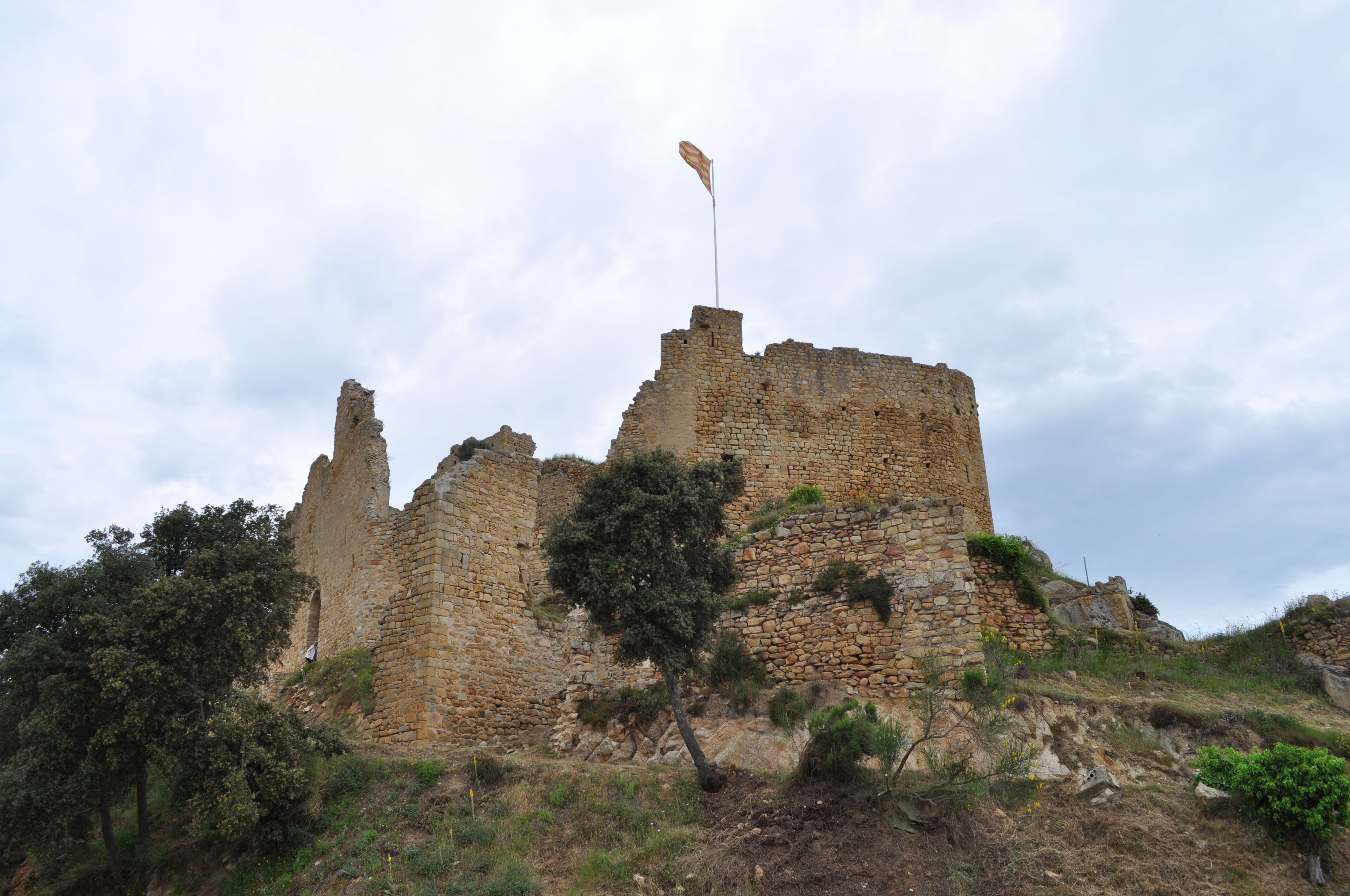 A historic stone castle with a flag atop, surrounded by trees and rocky terrain.