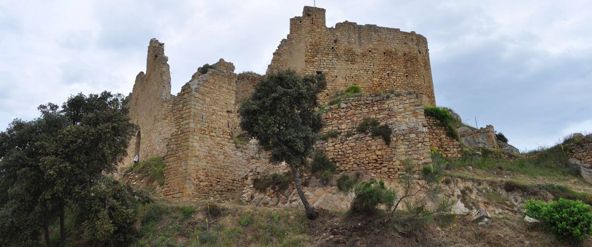 A historic stone castle with a flag atop, surrounded by trees and rocky terrain.