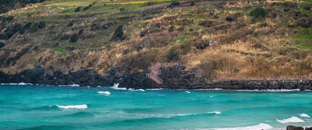 A coastal landscape with a rocky shoreline, a staircase leading up a hill, and a forested hilltop.