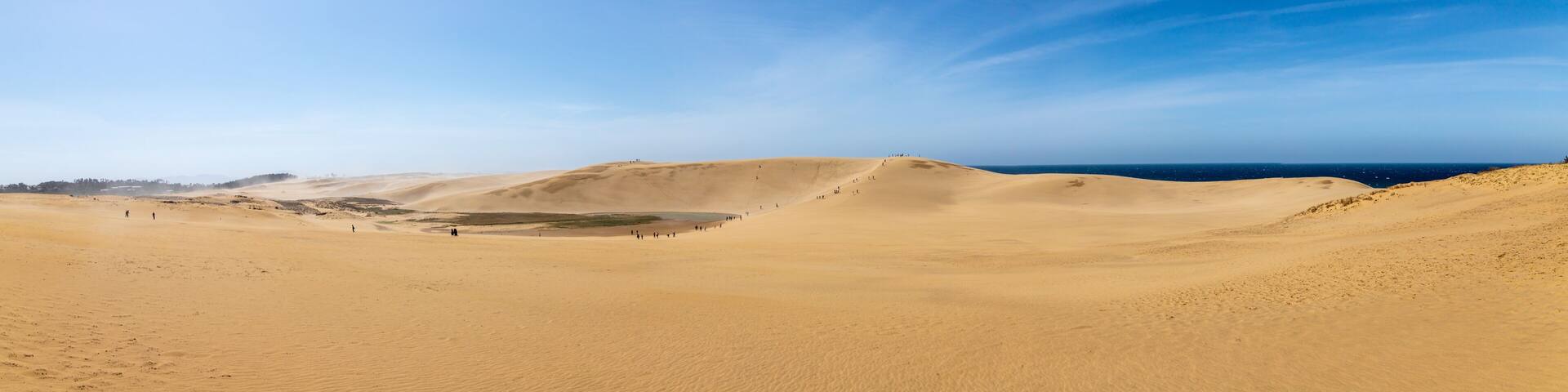 Beautiful Panorama landscape Tottori Sand Dunes (Tottori Sakyu), located near the city of Tottori in Tottori Prefecture, in sunny day. They form the large dune system over 2.4 km in Sanin area, Japan