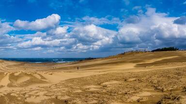 A desert landscape with sand dunes and a clear blue sky.