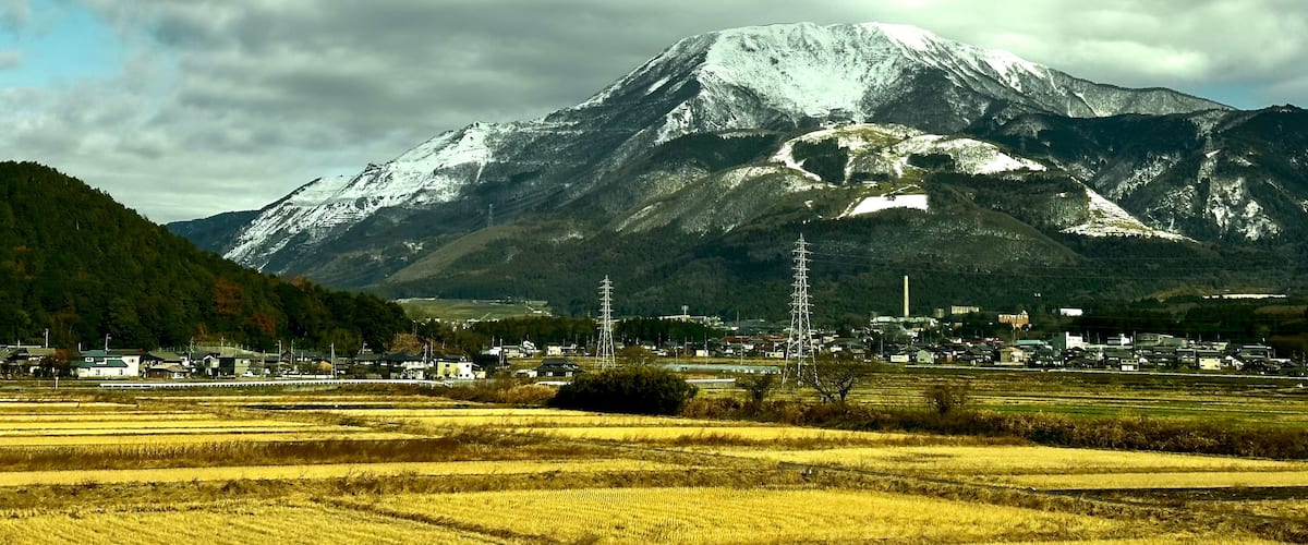 A snow-capped mountain, a town with houses, and fields.