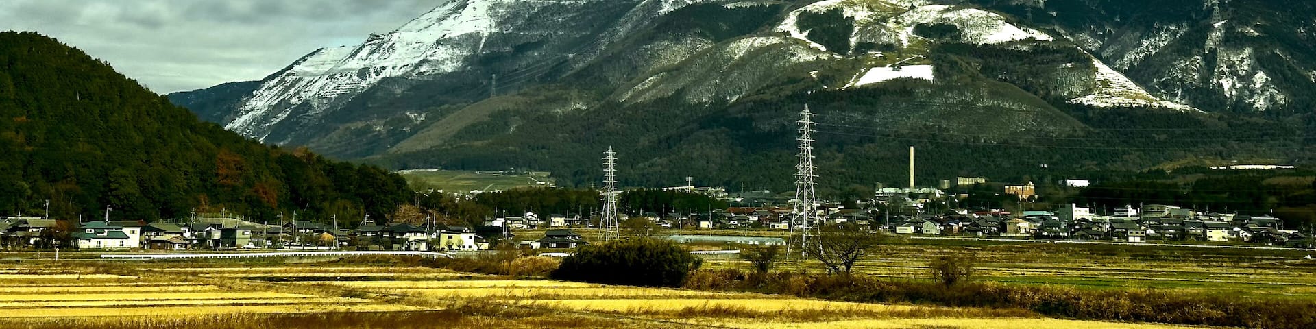A snow-capped mountain, a town with houses, and fields.