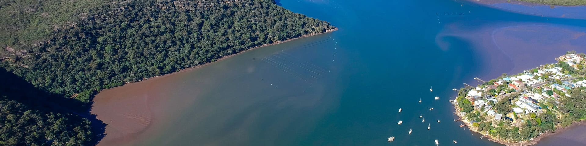 Panoramic drone aerial view of Mooney Money Hawkesbury River in NSW Australia beautiful blue and green colours