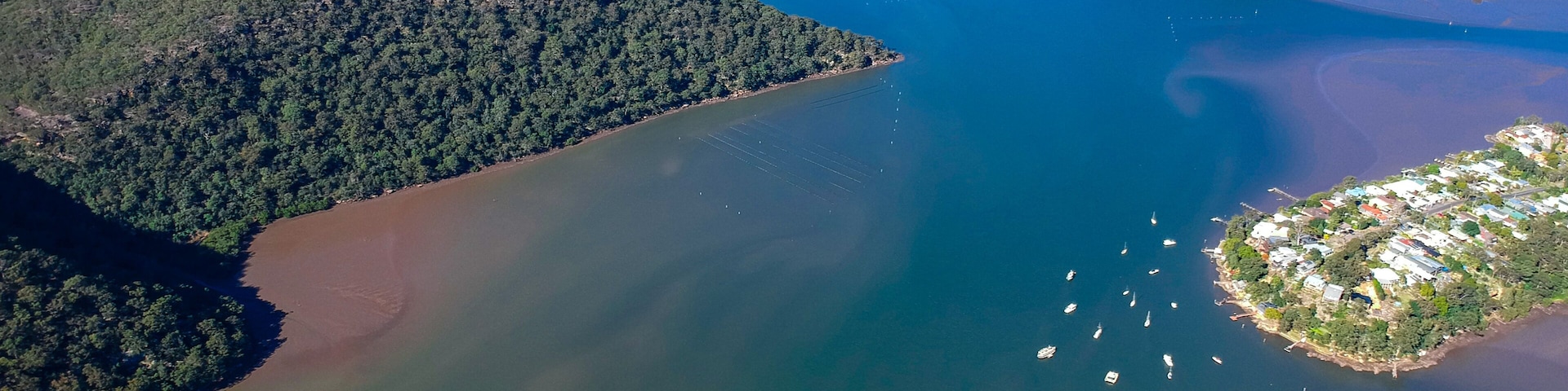 Panoramic drone aerial view of Mooney Money Hawkesbury River in NSW Australia beautiful blue and green colours