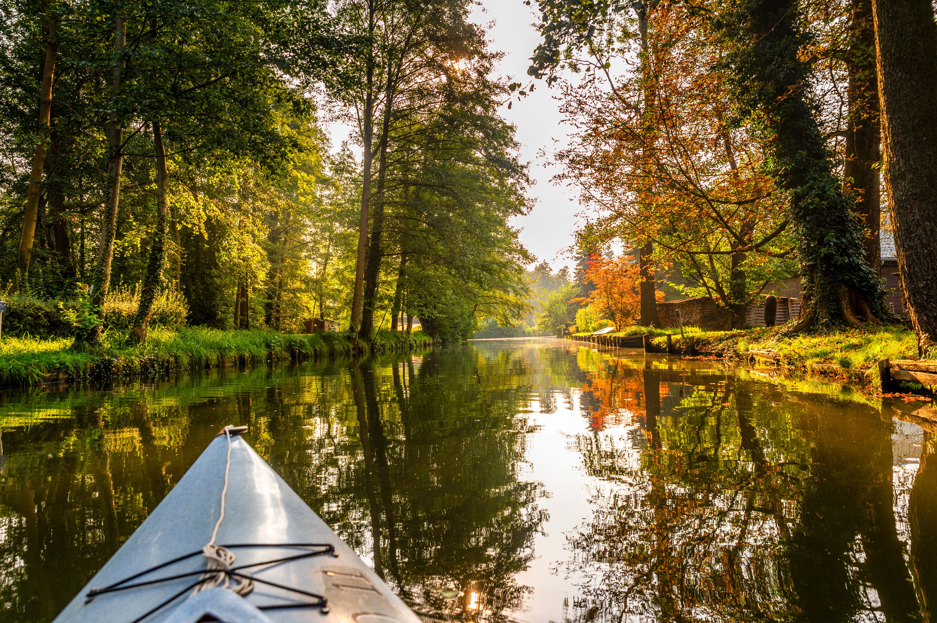 Paddle boat tour on the river Spree in autumn, Spreewald, Germany