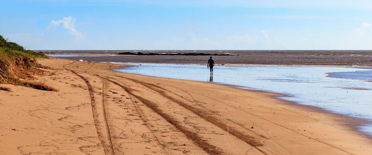 A sandy beach with tire tracks and a person standing in the distance.