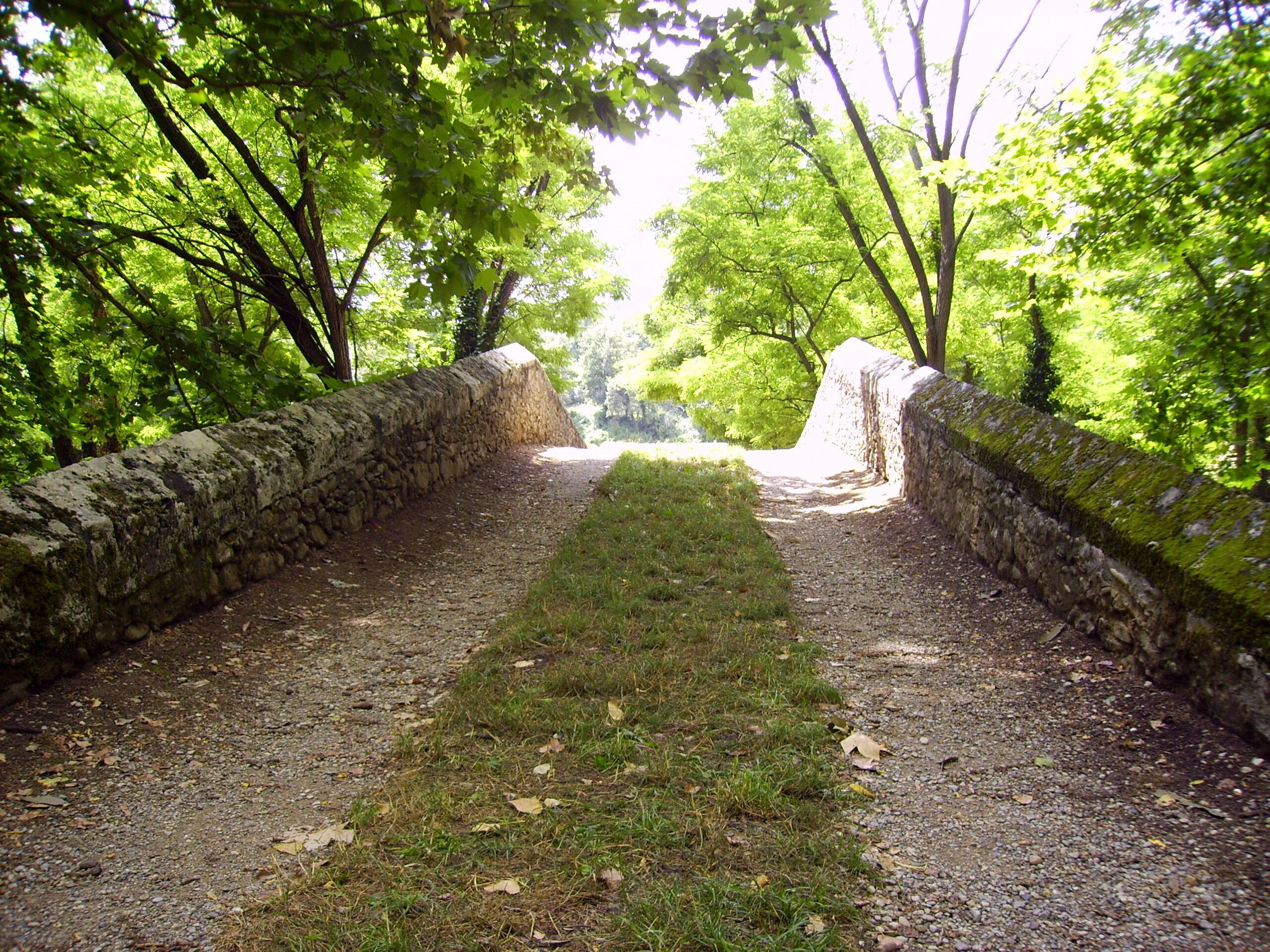 A stone pathway flanked by stone walls, leading through a wooded area with green foliage.