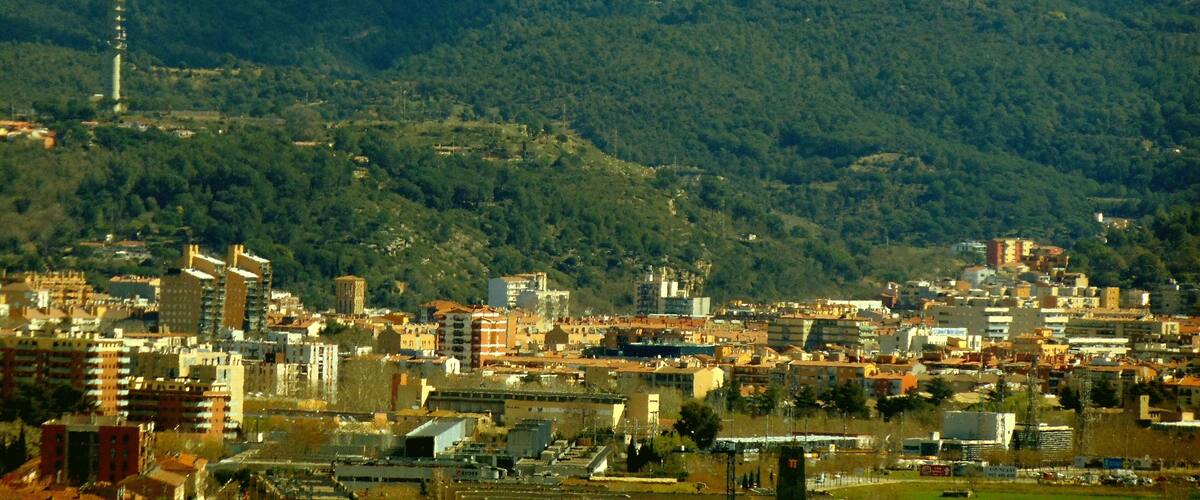 A cityscape with buildings and a mountain in the background.