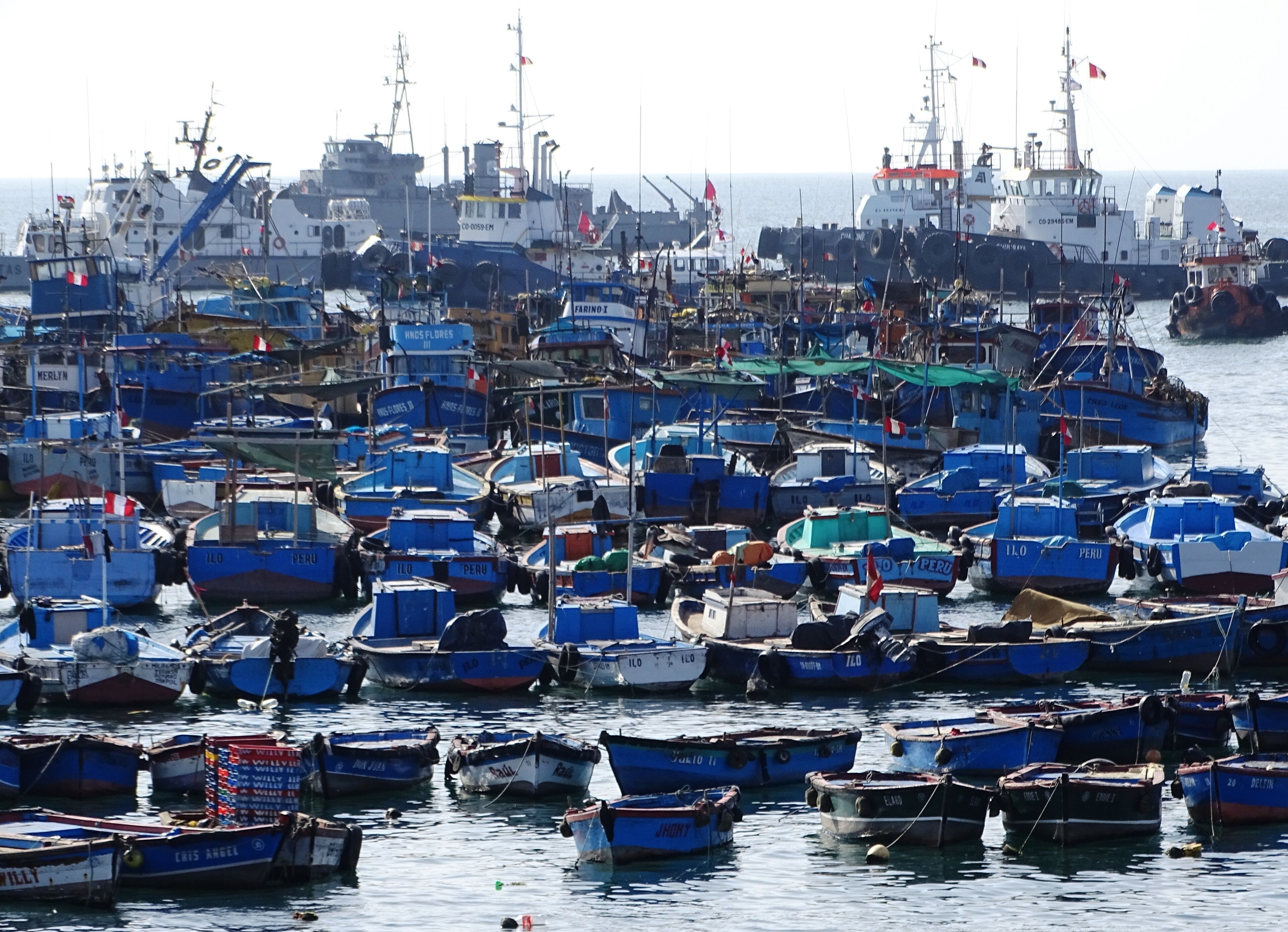 A busy harbor with numerous fishing boats docked.