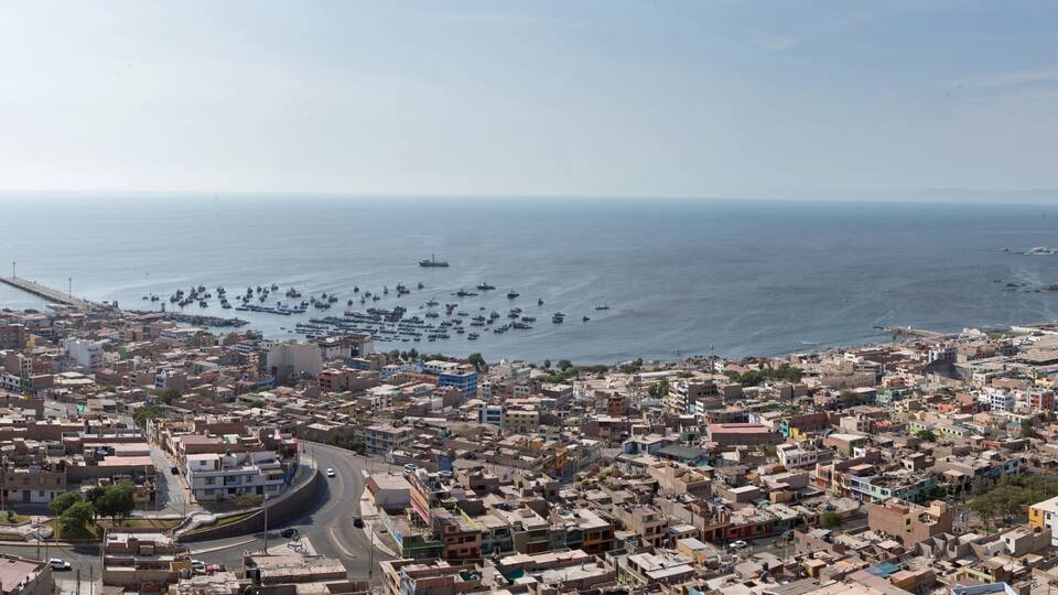 A coastal cityscape with dense urban buildings, a harbor filled with boats, and a distant mountain range.
