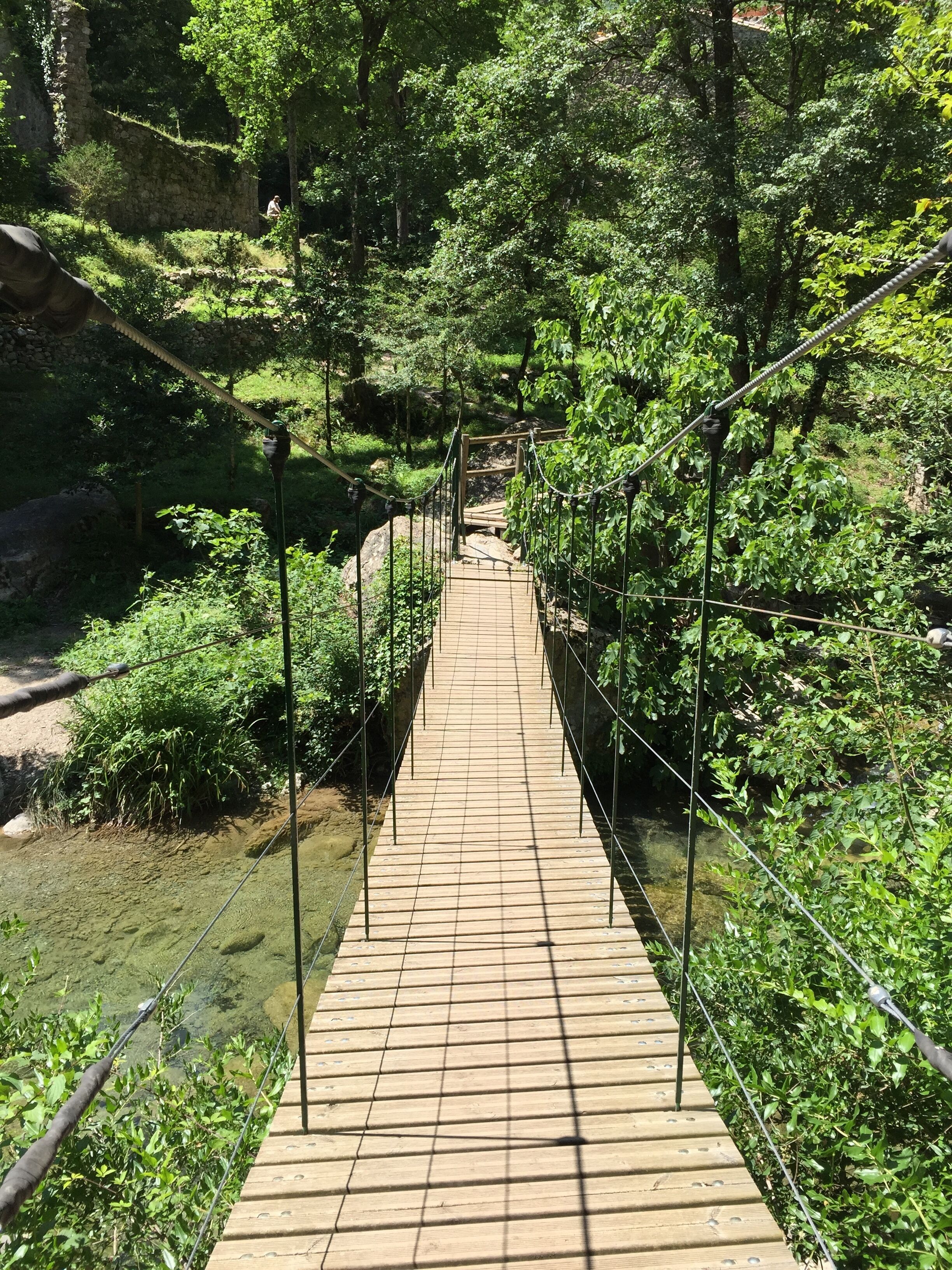 Un puente colgante de madera en un área boscosa con abundante vegetación y una estructura de piedra al fondo.