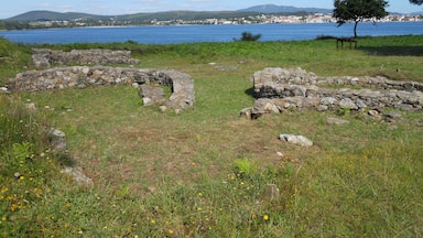 Antiguas ruinas de piedra junto a un lago con vistas despejadas a colinas distantes y un árbol.
