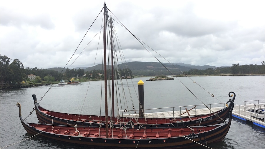 Replicas of Viking longboats on the Río Ulla. These are used in reenactments of Viking landings and festivals.