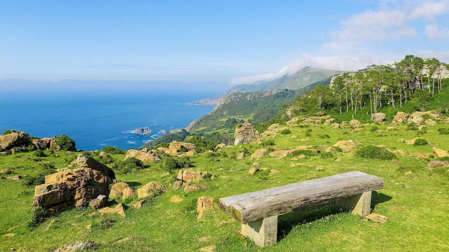 Rias Altas - Wooden Bench in a Green Landscape
