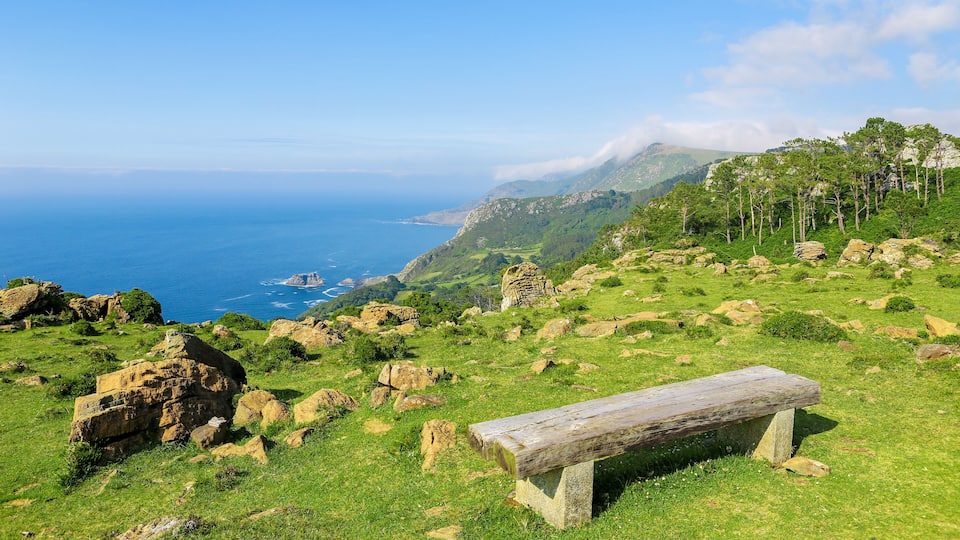 A grassy hillside with a wooden bench, scattered rocks, and a view of the ocean and distant mountains.
