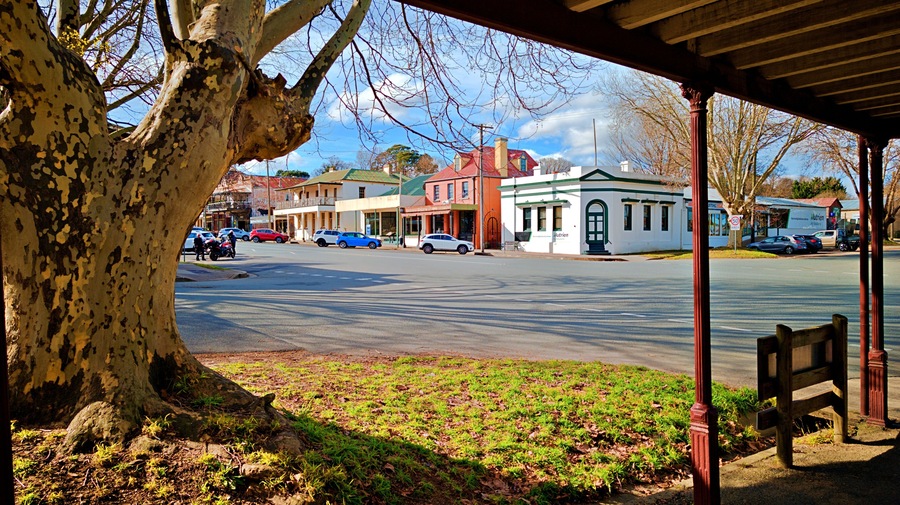 The main street in Braidwood features historic buildings in New South Wales, Australia.