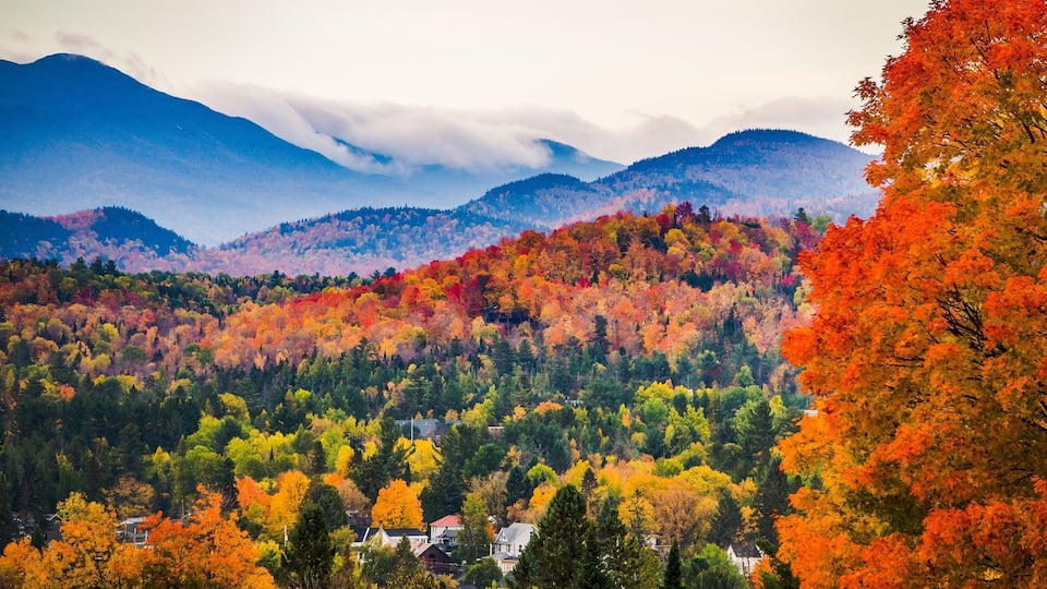 A mountainous landscape with autumn foliage, houses, and a river.