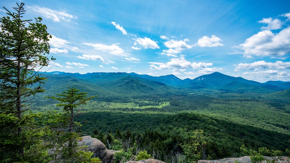 A mountainous landscape with dense forests and a clear sky.