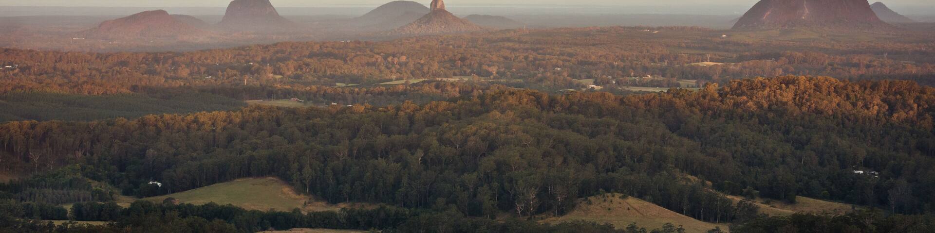 Sunset over Glasshouse Mountains in the Sunshine Coast hinterland