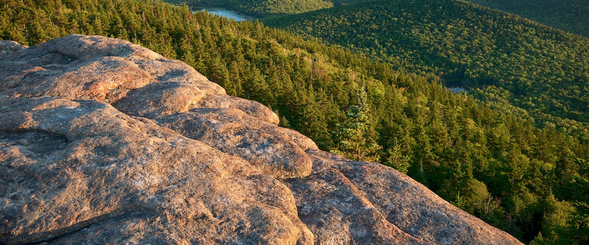 A mountainous landscape with dense forests and a visible lake.