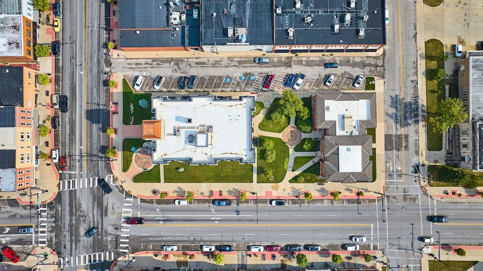 Aerial Top Down of Defiance County Courthouse Intersection Ohio