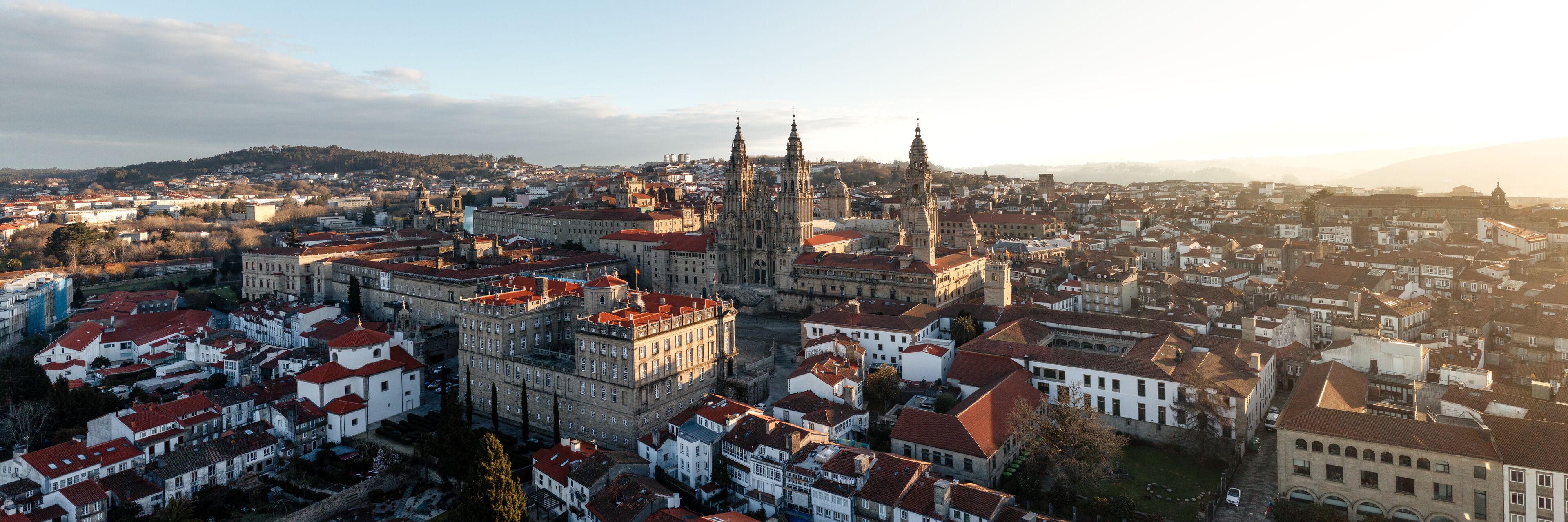 A cityscape with a prominent cathedral and surrounding historic buildings.