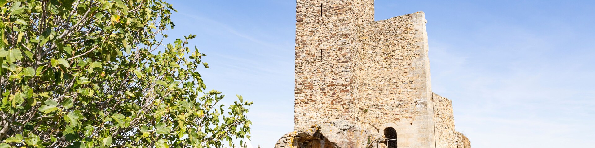 Una torre de piedra histórica con una bandera, rodeada de vegetación y un cielo despejado.