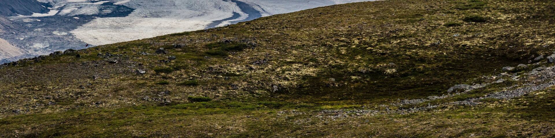 A glacier between mountains under a clear sky.