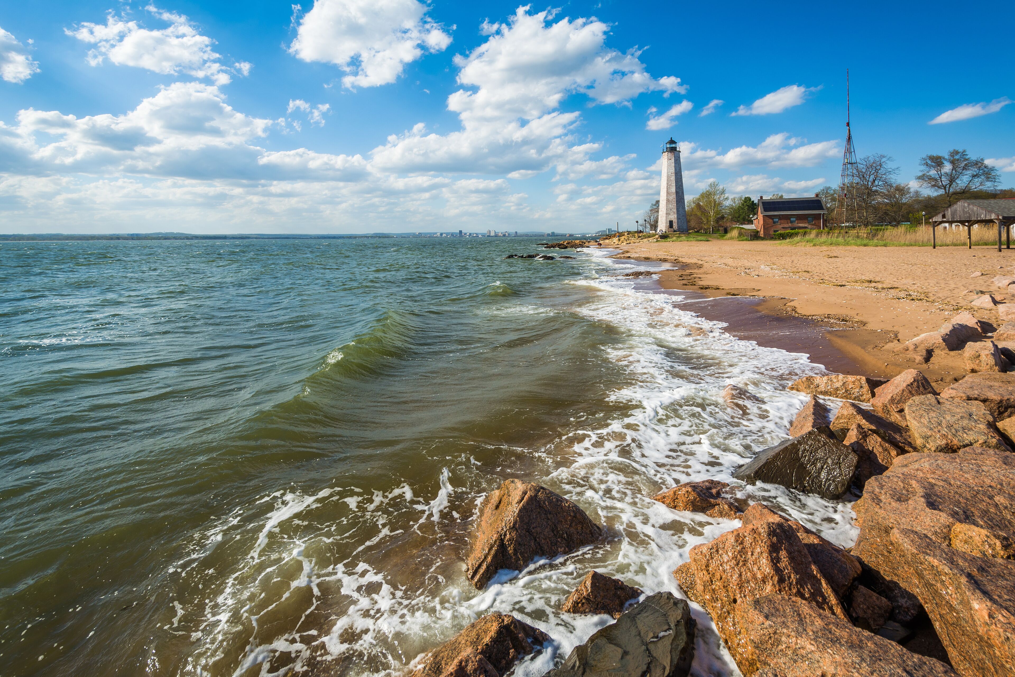The New Haven Lighthouse, at Lighthouse Point Park in New Haven, Connecticut.