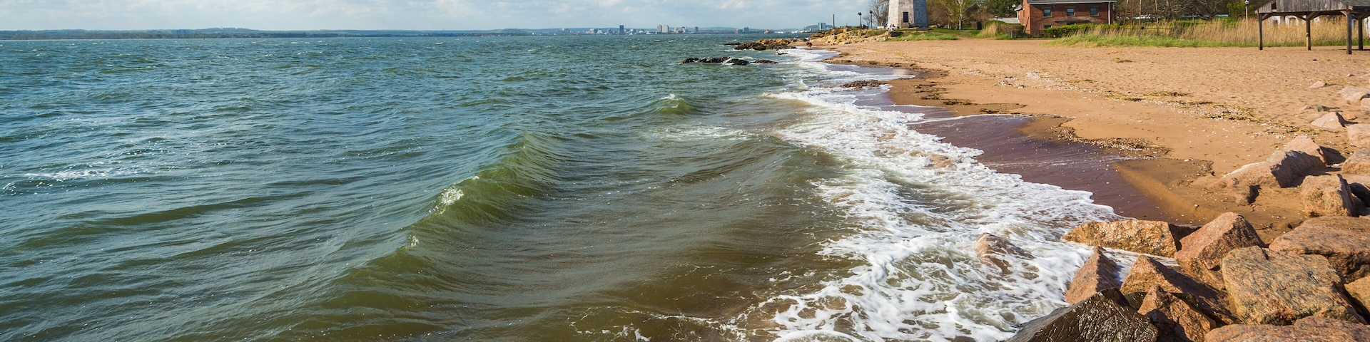 The New Haven Lighthouse, at Lighthouse Point Park in New Haven, Connecticut.