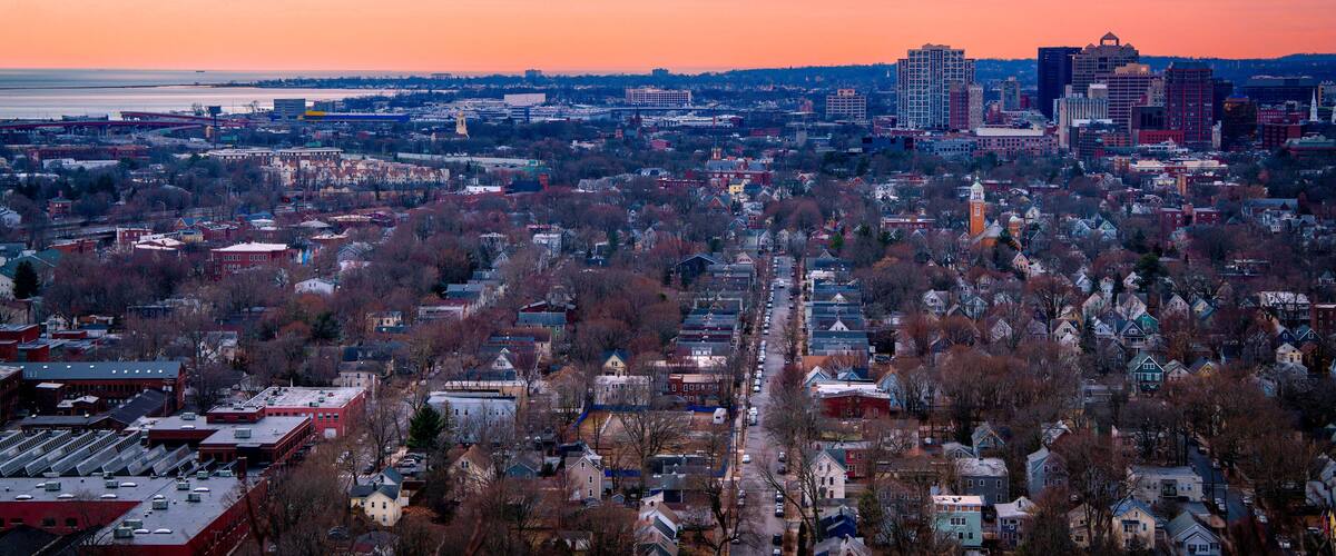 New Haven Connecticut Skyline, downtown buildings and houses viewed from East Rock Park Summit