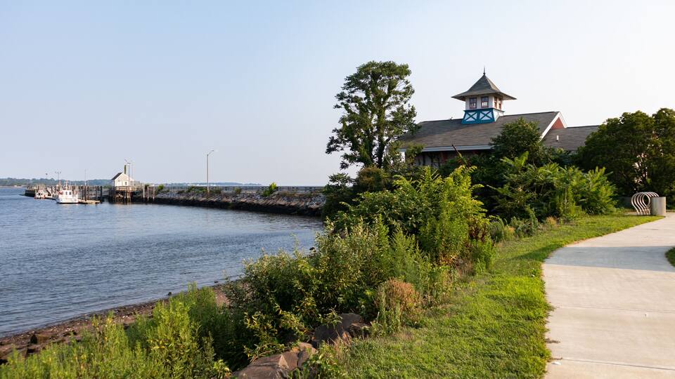 Green Waterfront along New Haven Harbor at Long Wharf Park in New Haven Connecticut