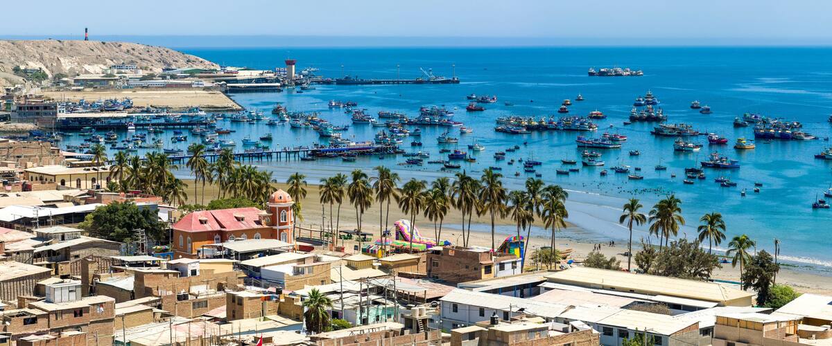 Paita, Piura, Peru: Aerial panoramic drone view of the Paita harbor