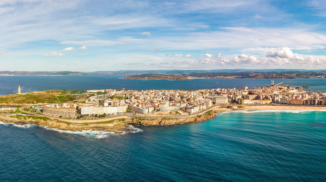 A Coruna city, aerial perspective. Old historic center of the city. Panoramic aerial view of all Region. Famous travel destination in Galicia, northwest of Spain. Promenade and beach area of the city