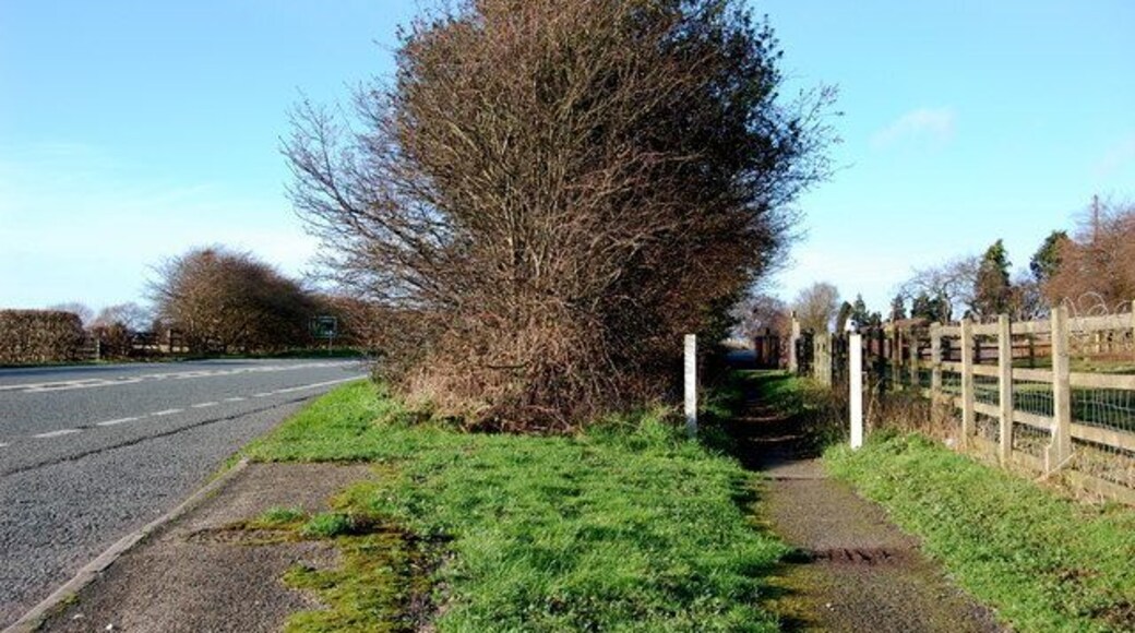 A51 and Adjacent Footpath Between Tarvin and Duddon Heath the A51 and a footpath are adjacent and parallel.