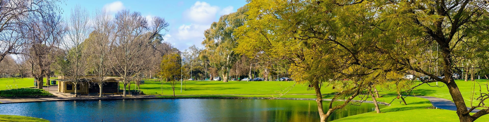 Rymill Park pond viewed from the bridge in Adelaide city on a sunny winter morning, South Australia