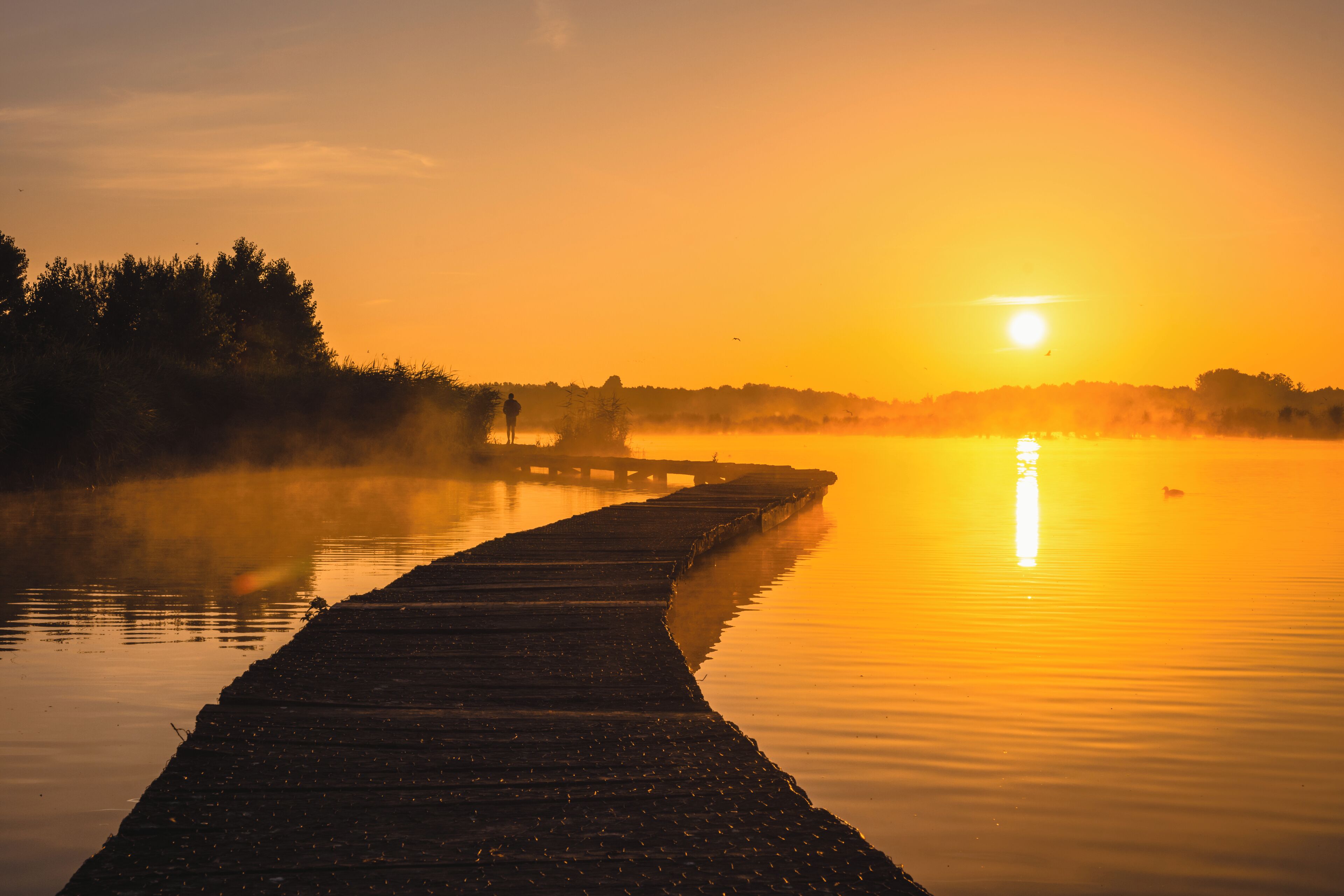 A wooden pier extending into calm water at sunrise.