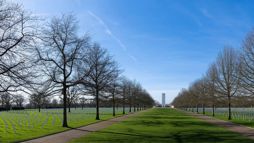 Netherlands,Limburg,Margraten, february 12 2022: Overview of the Memorial crosses and David stars tombstones at the American Cemetery and Memorial