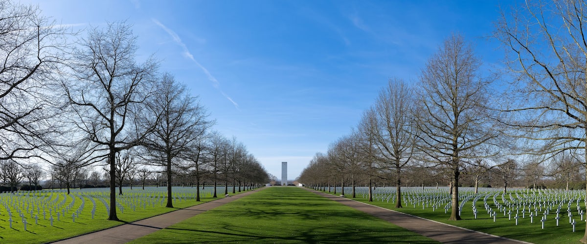 Netherlands,Limburg,Margraten, february 12 2022: Overview of the Memorial crosses and David stars tombstones at the American Cemetery and Memorial