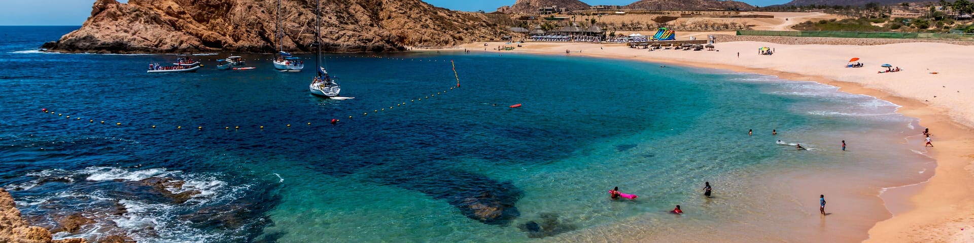 Beautiful Santa Maria beach by Cabo San Lucus has full life guarding and bathroom facilities. It is a sheltered beach that provides safe swimming and snorkeling areas. ; Shutterstock ID 403709461