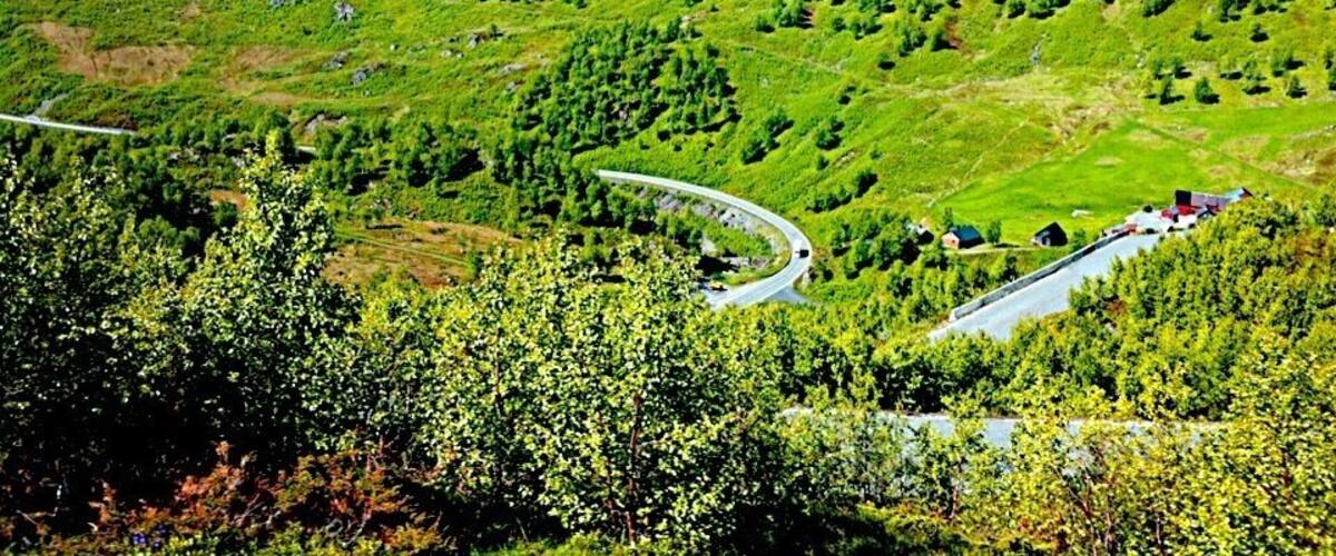 A winding road through a lush green valley with snow-capped mountains in the background.