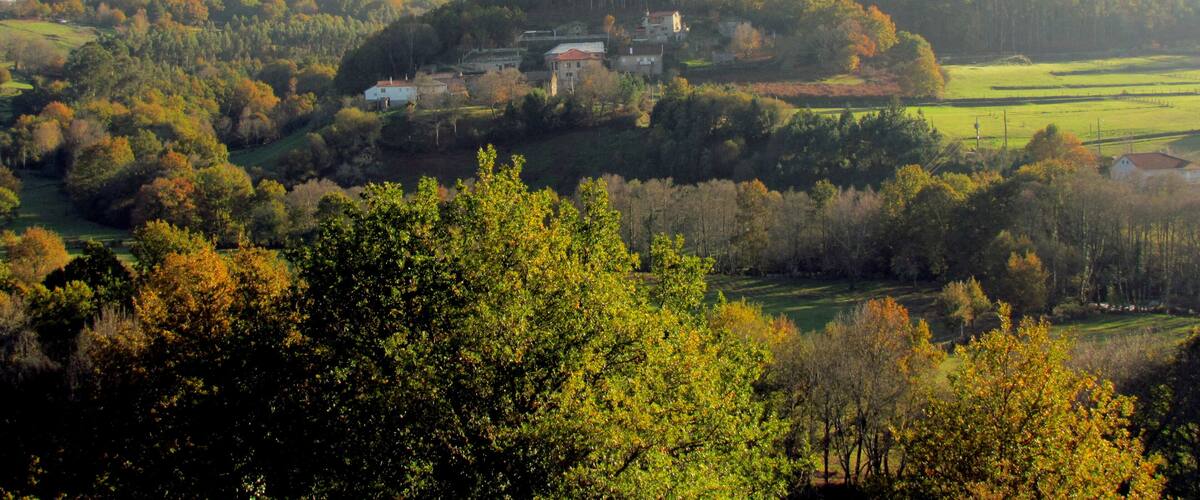 A village nestled in a valley with rolling hills and scattered trees.