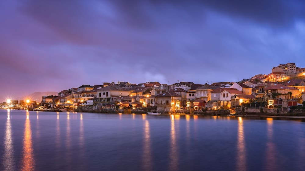 Panoramic view of the fishing village of Combarro before sunrise. Galicia, Spain