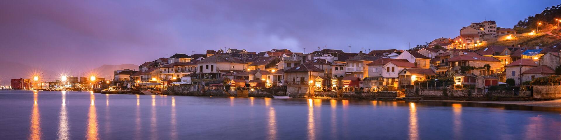 Panoramic view of the fishing village of Combarro before sunrise. Galicia, Spain
