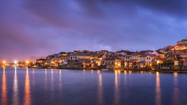Panoramic view of the fishing village of Combarro before sunrise. Galicia, Spain