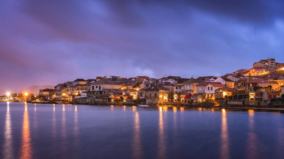 Panoramic view of the fishing village of Combarro before sunrise. Galicia, Spain