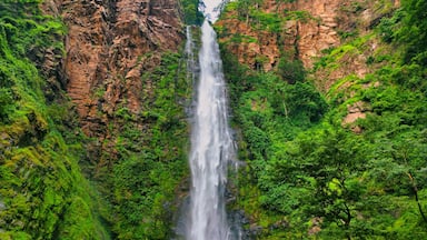 Aerial view of a powerful waterfall cascading down rugged cliffs, embraced by vibrant green vegetation, creating a breathtaking spectacle, Wli, Volta Region, Ghana.